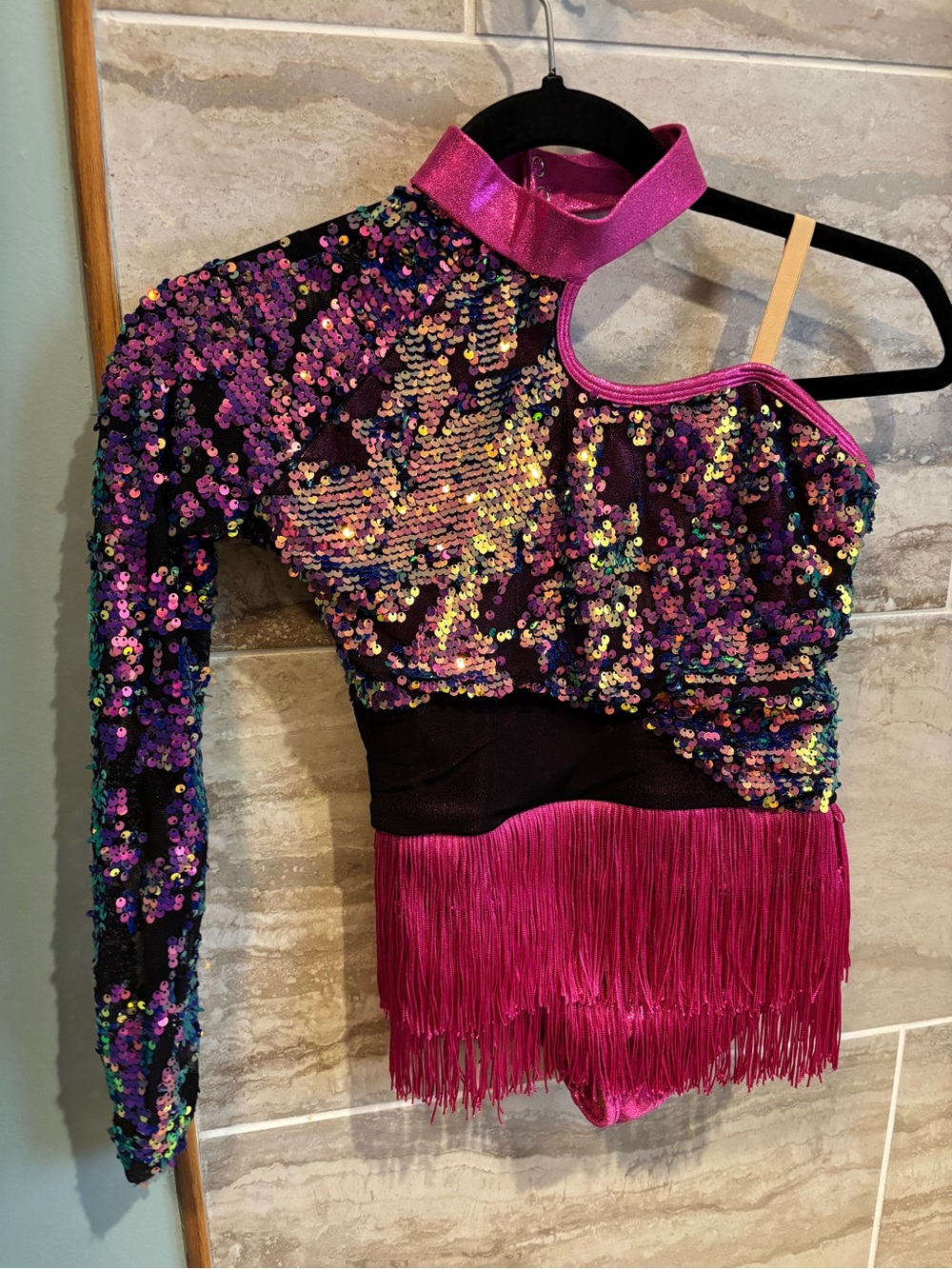 Pink Sequin Fringe Dance/jazz one piece costume child large